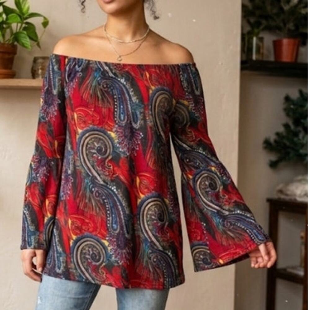 Whimsygoth Paisley Bell Sleeve Top L/XL 70s Boho Flowy Off-Shoulder Soft Witchy